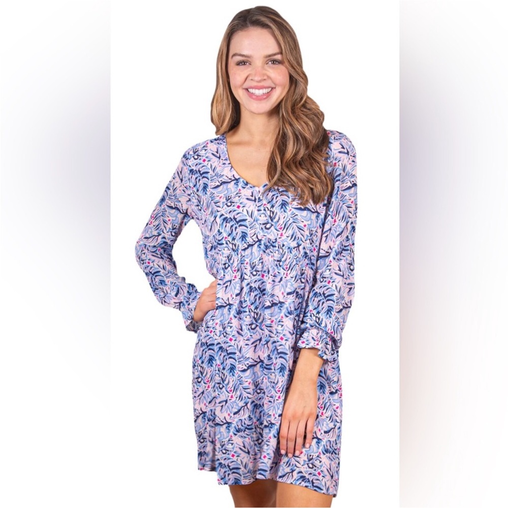 XXL Simply Southern Blue Pink Coastal Boho Leaf Print V-Neck Dress